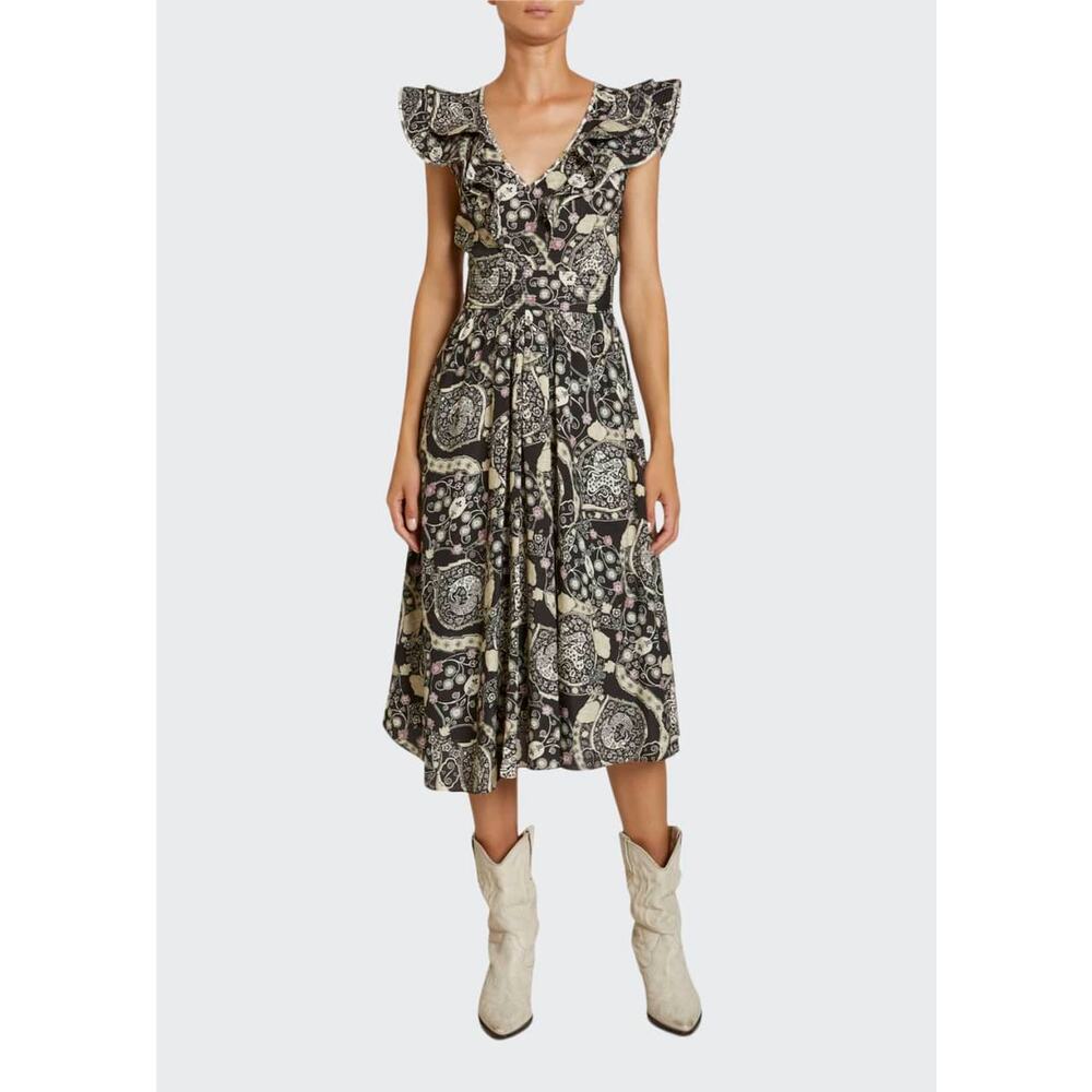 ISABEL MARANT ETOILE Coraline Printed Ruffle Midi Dress‎ Size XS Quilted Flutter